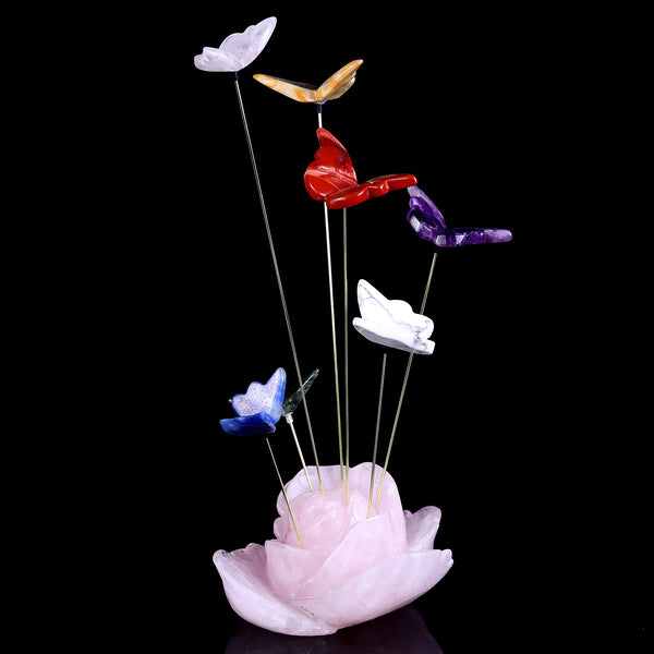 Natural Rose Quartz Crystal Hand Carved Rose Species Sculpture with Flying Butterflies