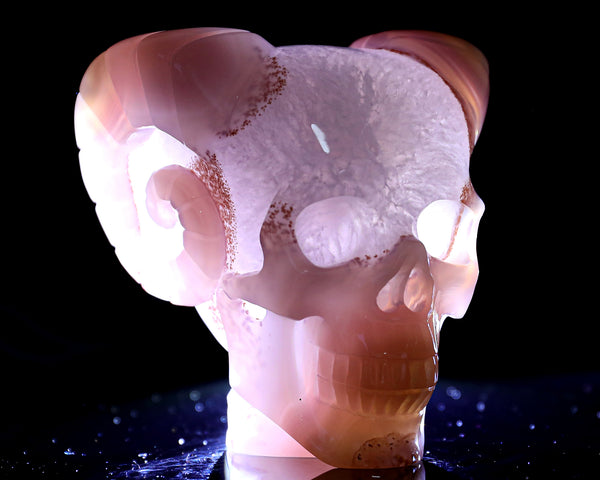 Unique 4.3" Geode Agate Hand Carved Crystal Skull with Horn Sculpture