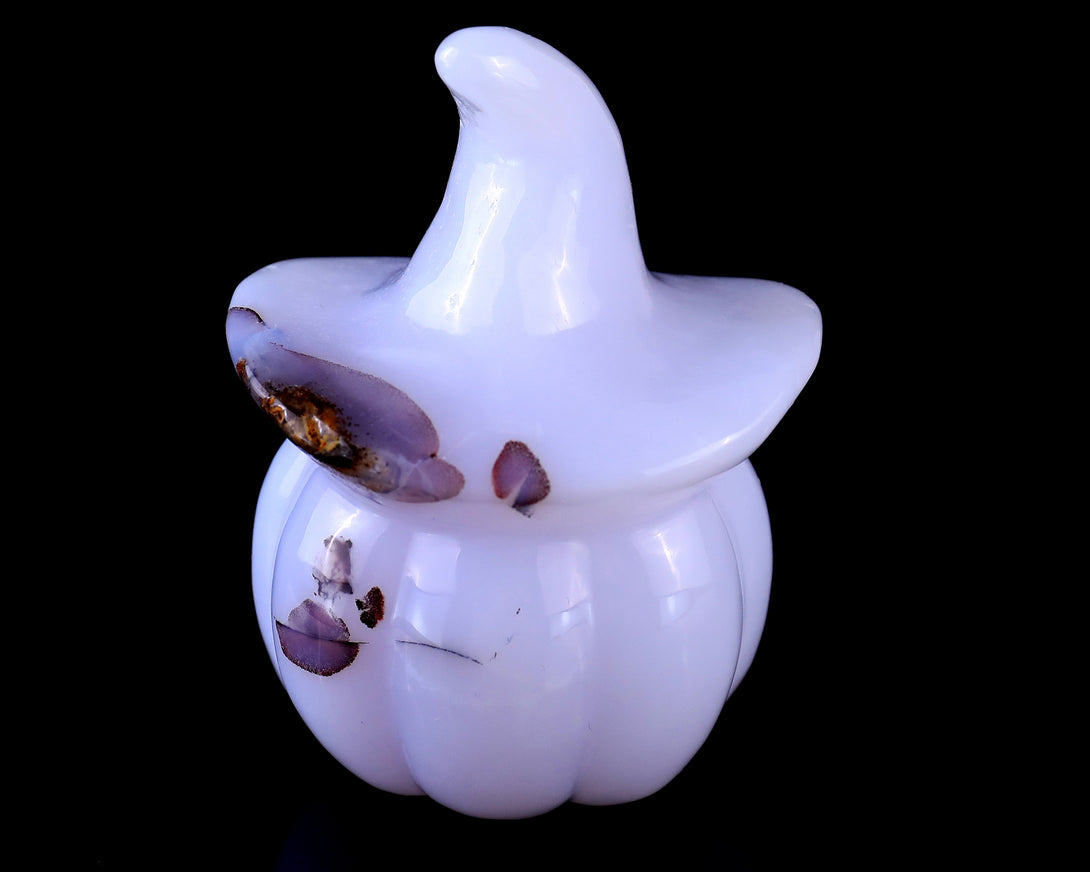 3.3” Natural Blue Chalcedony Hand Carved Crystal Wizard Pumpkin Sculpture, Halloween Gift crysvibe