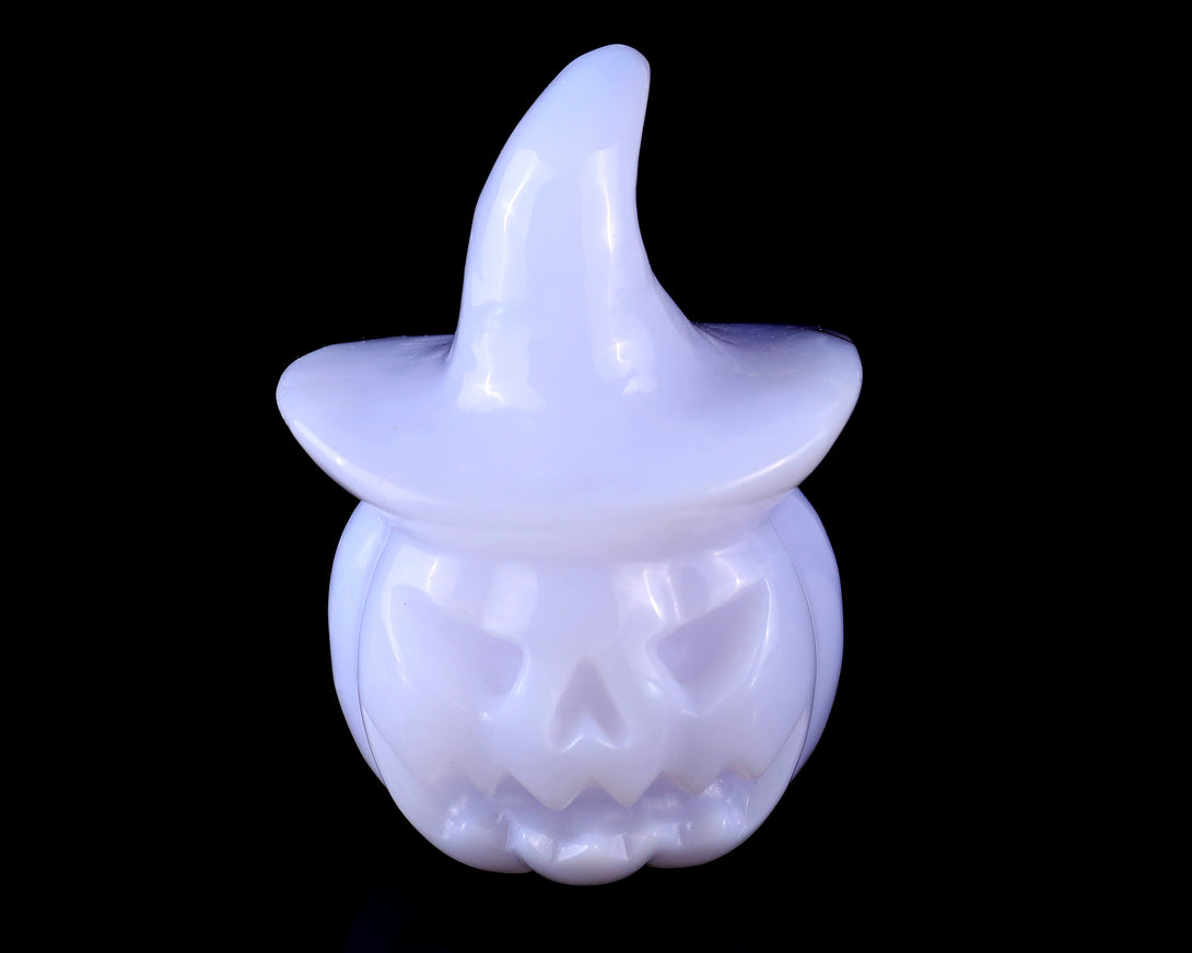 3.3” Natural Blue Chalcedony Hand Carved Crystal Wizard Pumpkin Sculpture, Halloween Gift crysvibe