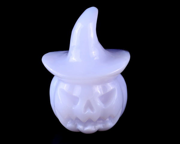 3.3” Natural Blue Chalcedony Hand Carved Crystal Wizard Pumpkin Sculpture, Halloween Gift crysvibe