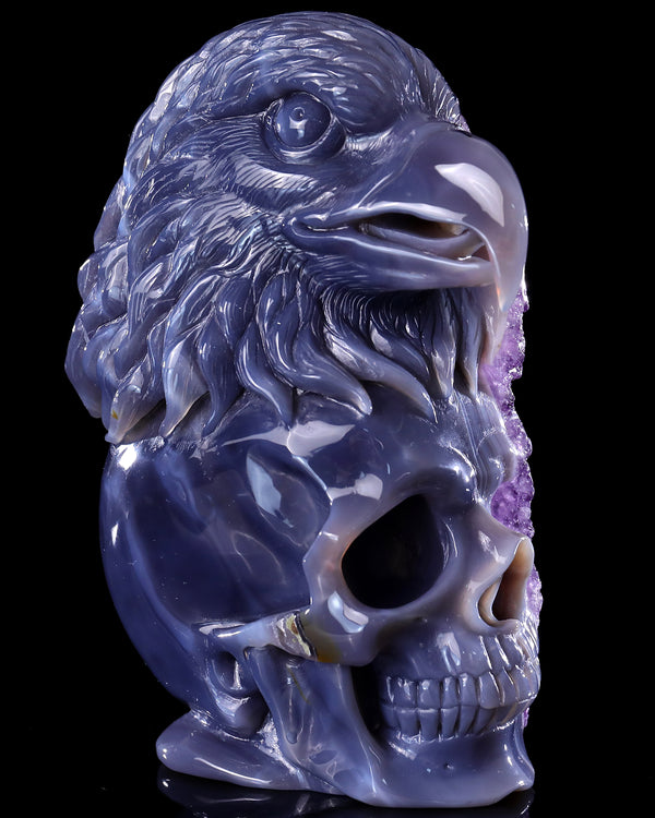 Unique 7.2" Amethyst Druse Agate Hand Carved Crystal Skull and Eagle Sculpture