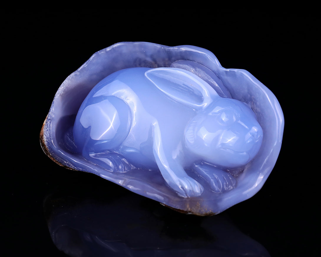 5.0" Blue Chalcedony Hand Carved Crystal Rabbit Sculpture crysvibe