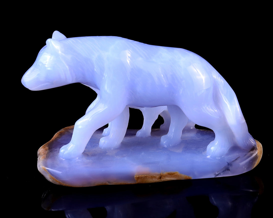 5.0" Blue Chalcedony Hand Carved Crystal Wolves Sculpture crysvibe