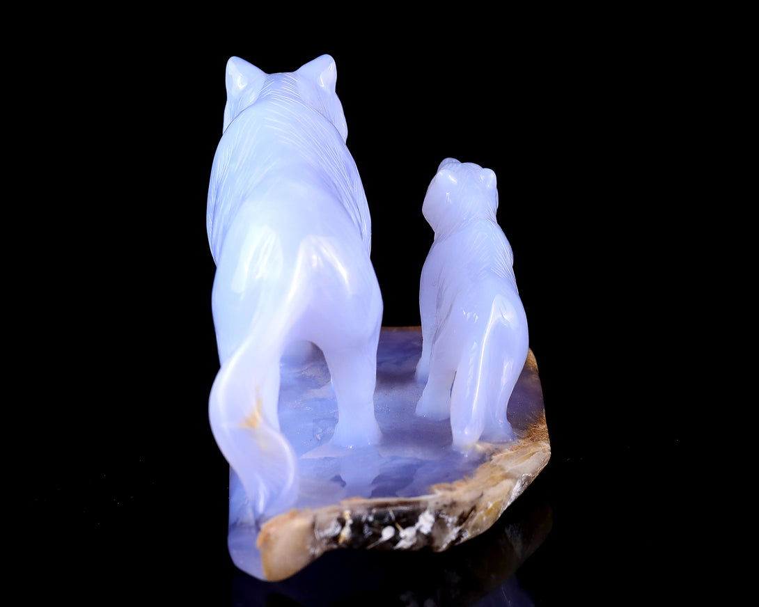 5.0" Blue Chalcedony Hand Carved Crystal Wolves Sculpture crysvibe