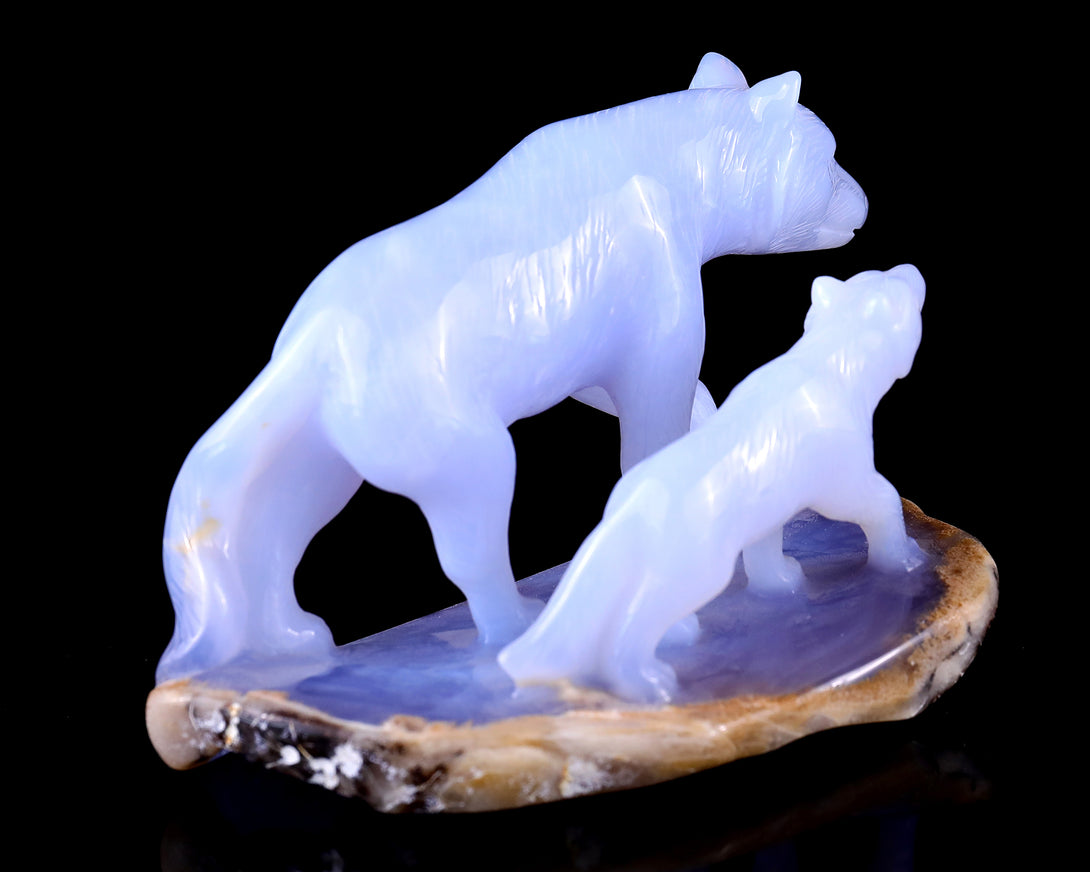 5.0" Blue Chalcedony Hand Carved Crystal Wolves Sculpture crysvibe