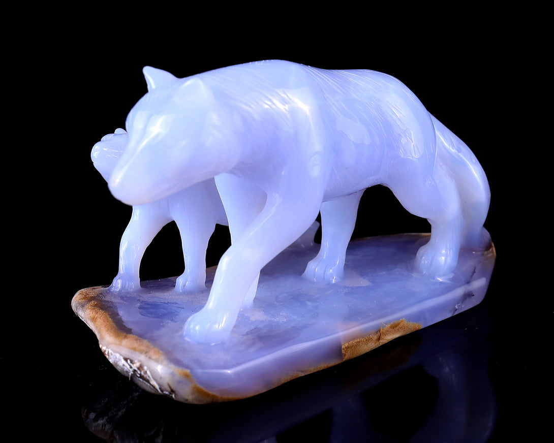 5.0" Blue Chalcedony Hand Carved Crystal Wolves Sculpture crysvibe