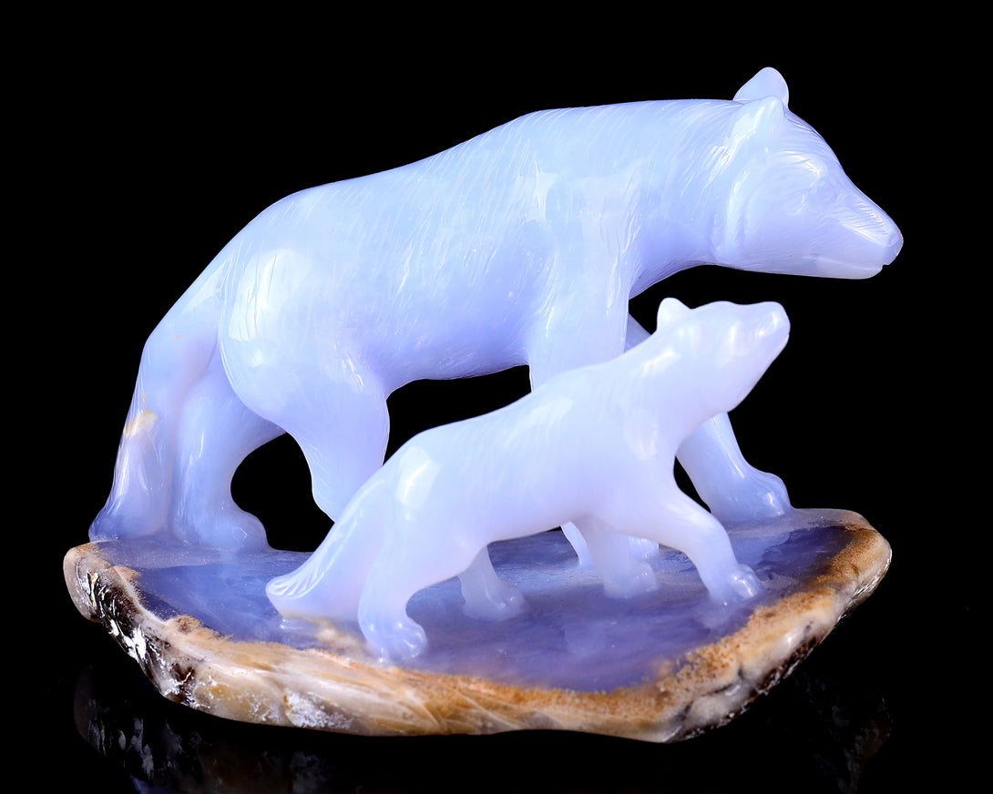 5.0" Blue Chalcedony Hand Carved Crystal Wolves Sculpture crysvibe