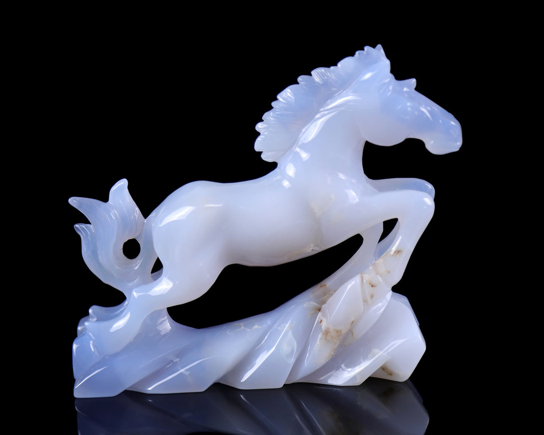 5.4" Blue Chalcedony Hand Carved Crystal Horse Sculpture crysvibe
