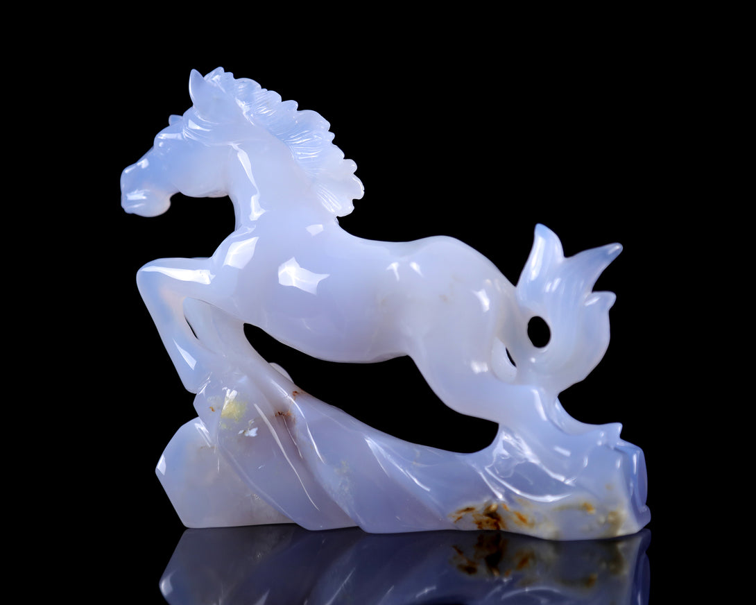 5.4" Blue Chalcedony Hand Carved Crystal Horse Sculpture crysvibe