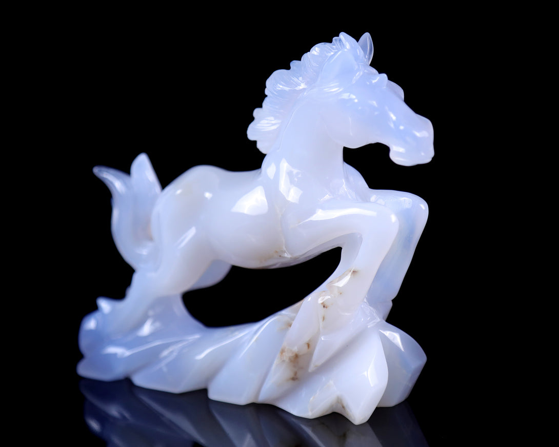5.4" Blue Chalcedony Hand Carved Crystal Horse Sculpture crysvibe