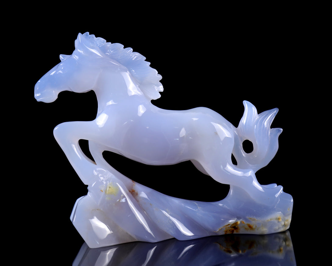 5.4" Blue Chalcedony Hand Carved Crystal Horse Sculpture crysvibe