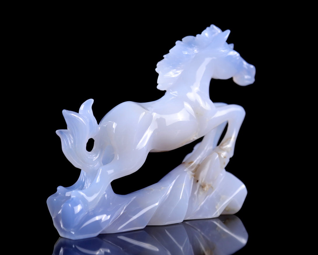 5.4" Blue Chalcedony Hand Carved Crystal Horse Sculpture crysvibe