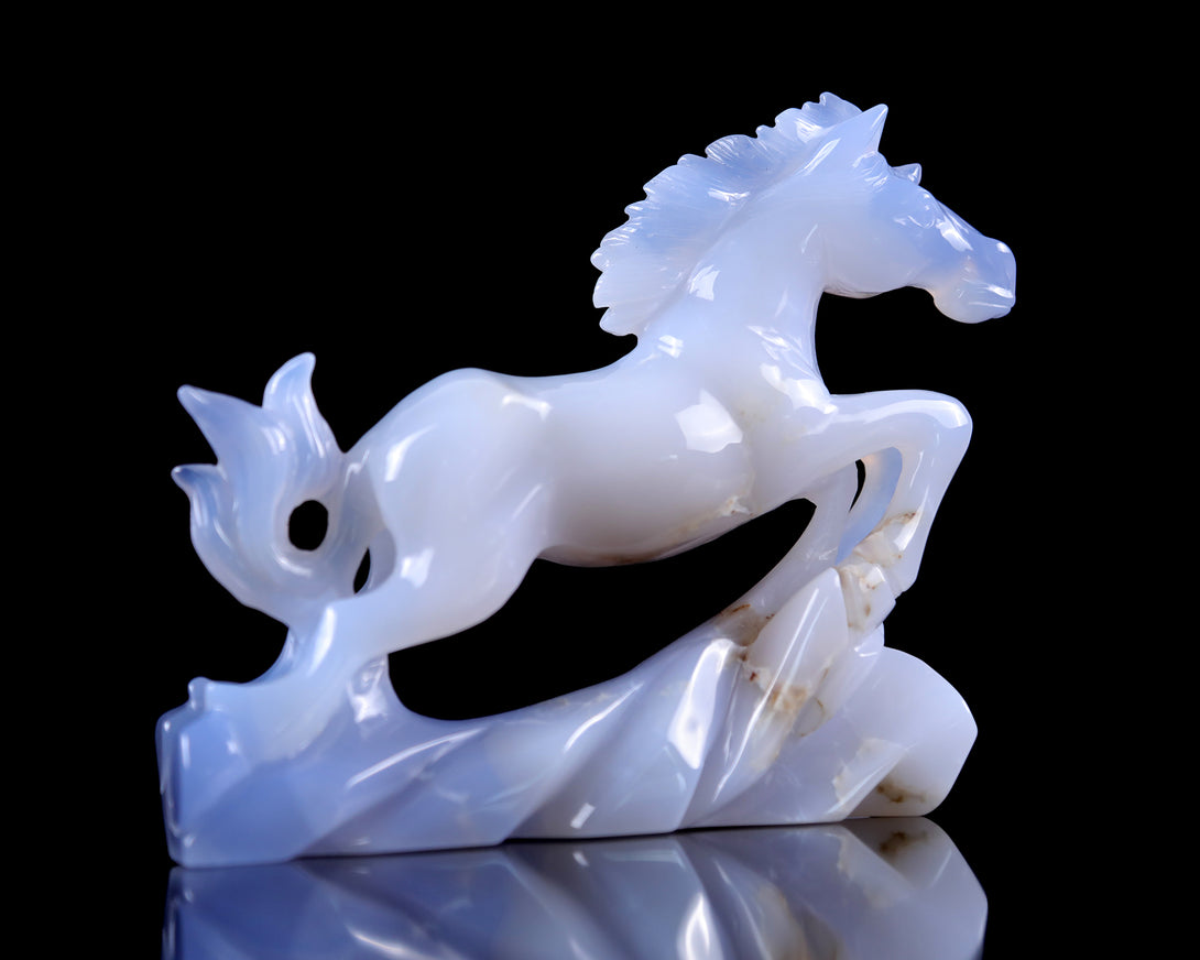 5.4" Blue Chalcedony Hand Carved Crystal Horse Sculpture crysvibe