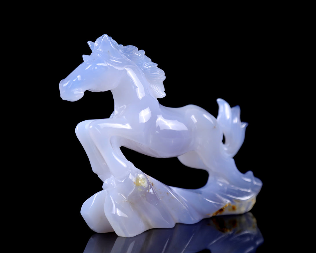 5.4" Blue Chalcedony Hand Carved Crystal Horse Sculpture crysvibe