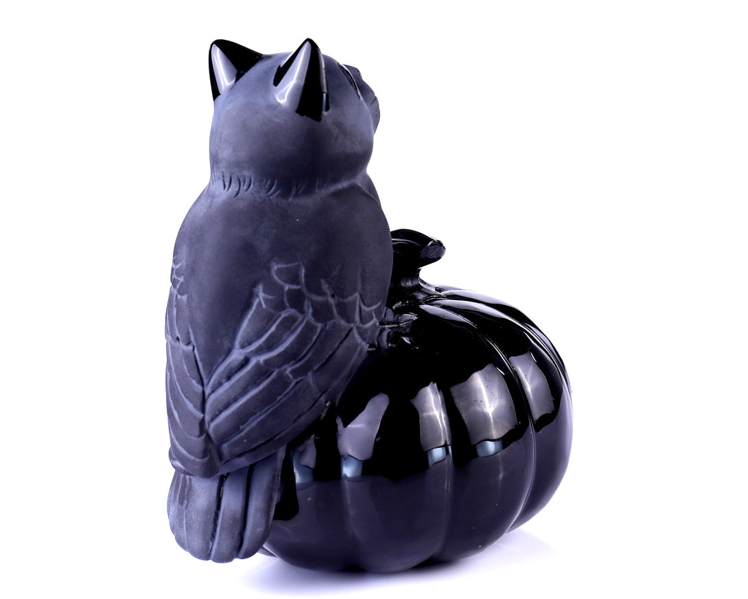 6.4" Black Obsidian Hand Carved Crystal Pumpkin and Owl Sculpture, Halloween Gift crysvibe