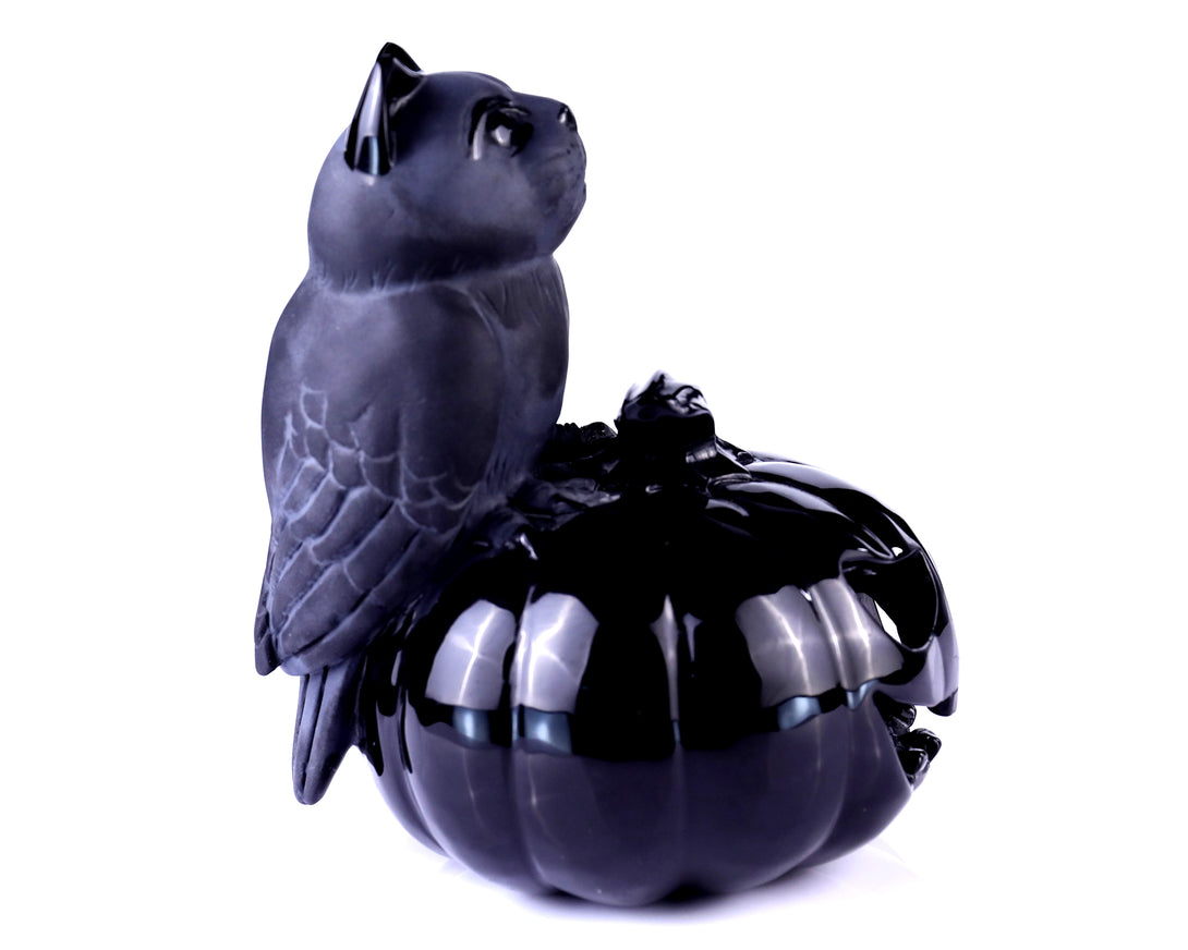 6.4" Black Obsidian Hand Carved Crystal Pumpkin and Owl Sculpture, Halloween Gift crysvibe