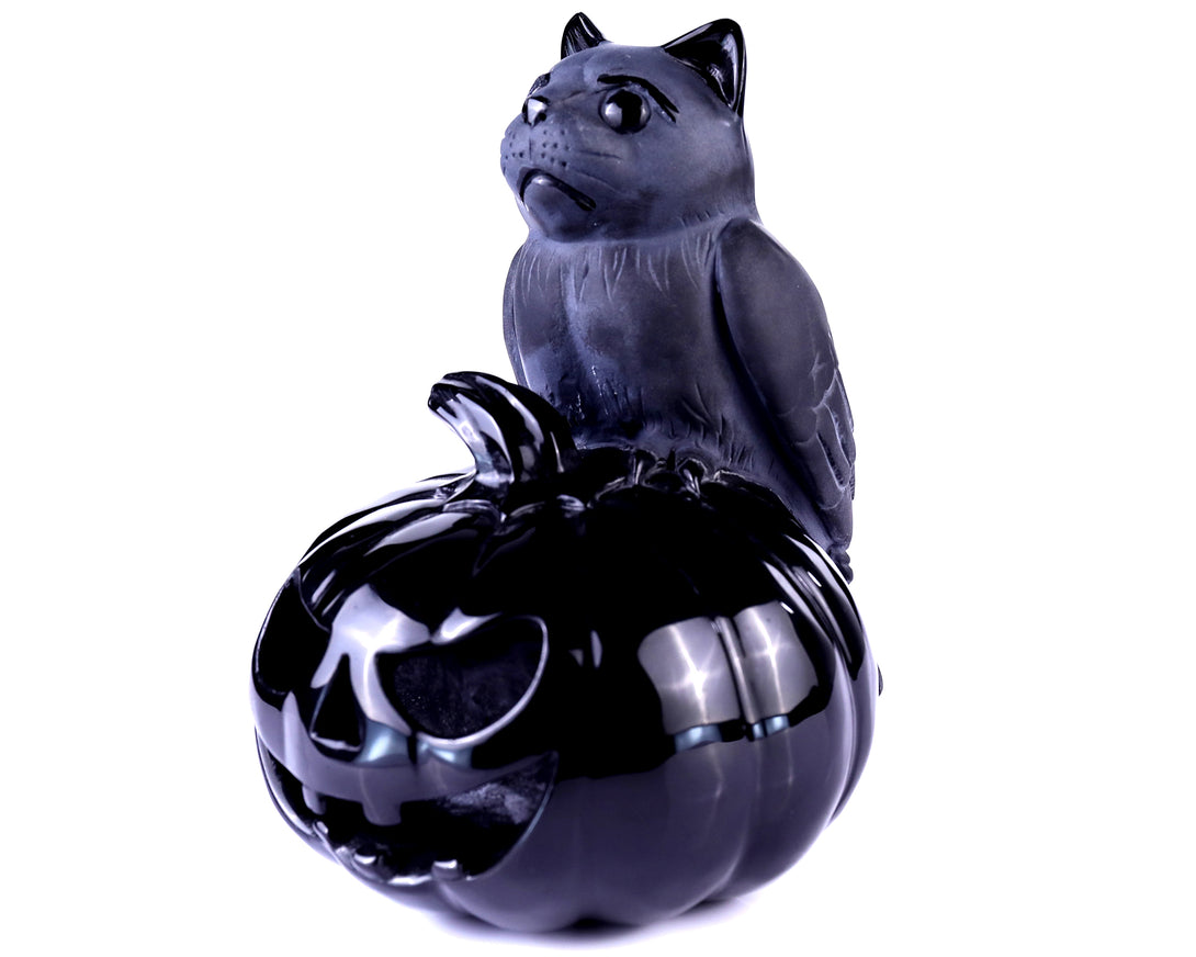 6.4" Black Obsidian Hand Carved Crystal Pumpkin and Owl Sculpture, Halloween Gift crysvibe