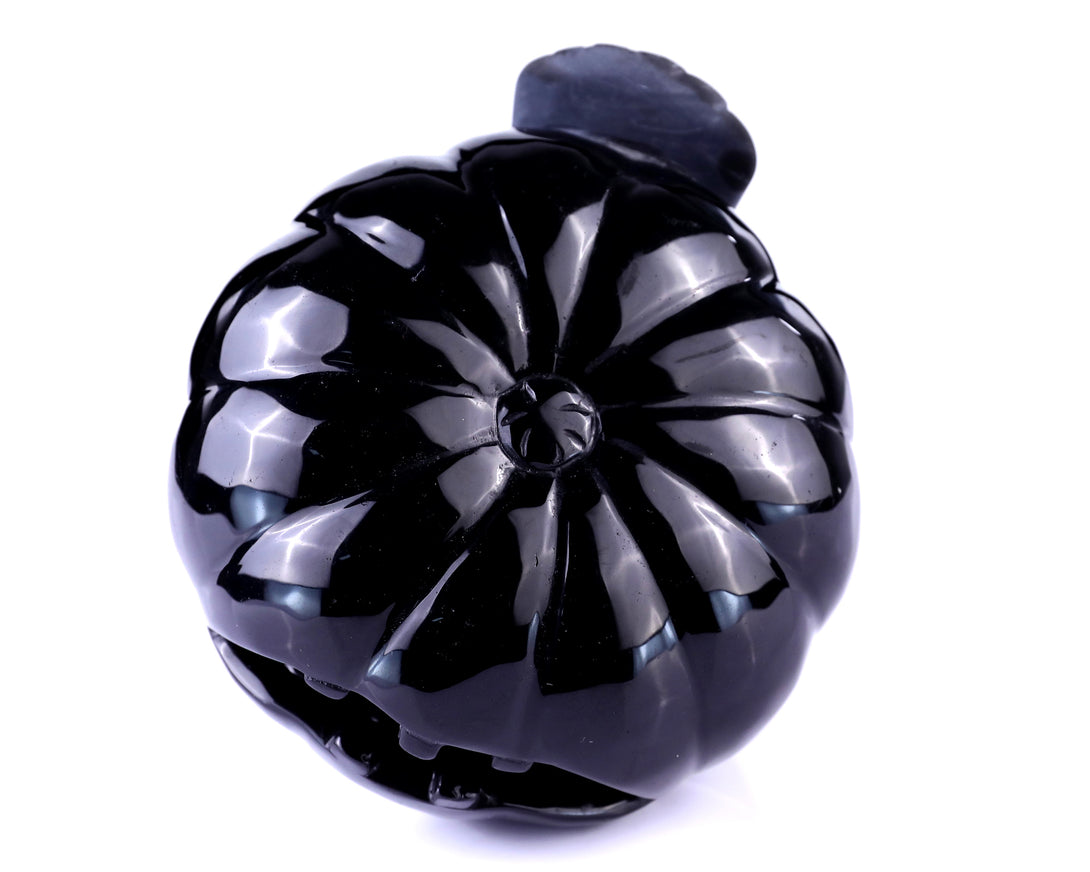 6.4" Black Obsidian Hand Carved Crystal Pumpkin and Owl Sculpture, Halloween Gift crysvibe