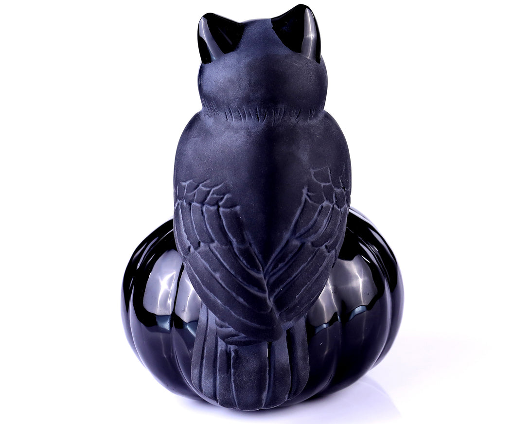 6.4" Black Obsidian Hand Carved Crystal Pumpkin and Owl Sculpture, Halloween Gift crysvibe