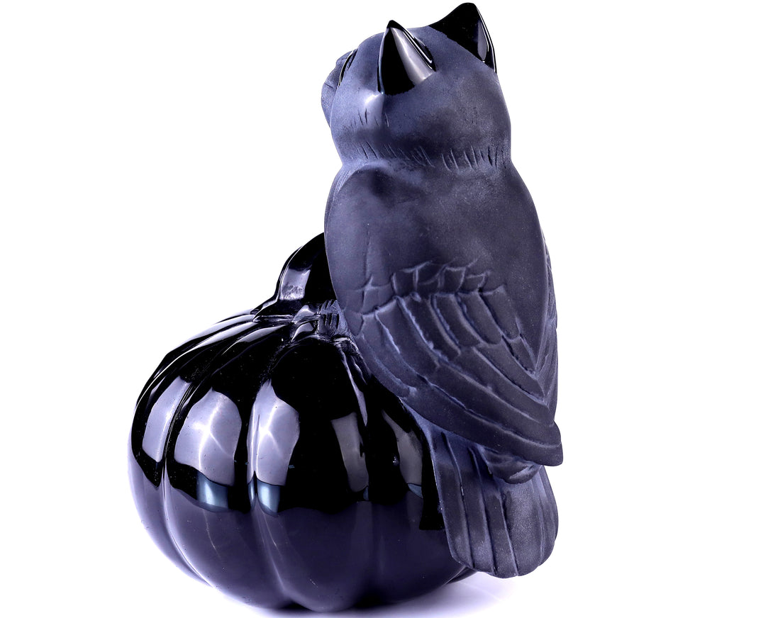 6.4" Black Obsidian Hand Carved Crystal Pumpkin and Owl Sculpture, Halloween Gift crysvibe
