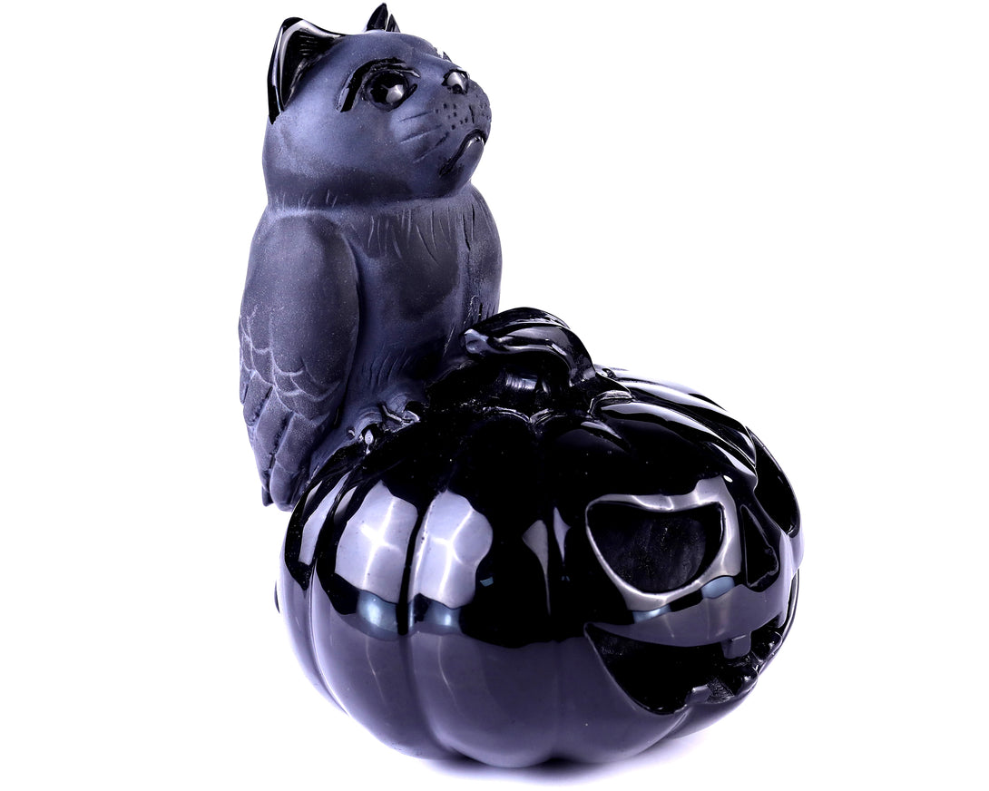 6.4" Black Obsidian Hand Carved Crystal Pumpkin and Owl Sculpture, Halloween Gift crysvibe