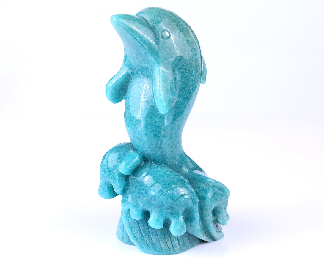 6.5" Amazonite Blue Chalcedony Hand Carved Crystal Dolphin Sculpture crysvibe