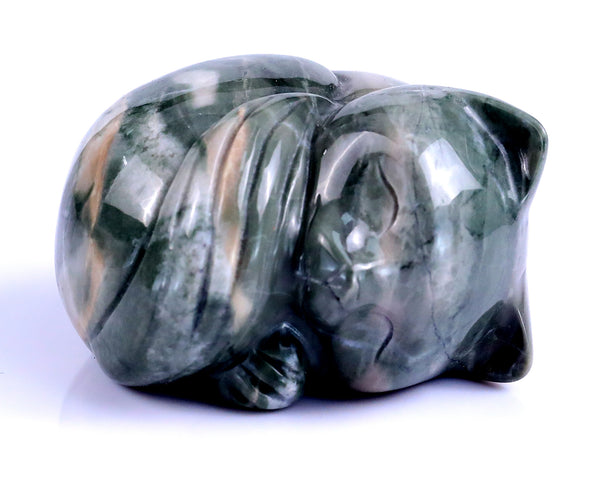 Natural Jiulong Jade Hand Carved Crystal Sleepy Cat Sculpture