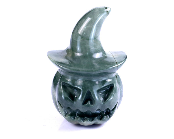 Natural Jiulong Jade Hand Carved Crystal Wizard Pumpkin Sculpture, Halloween Gift