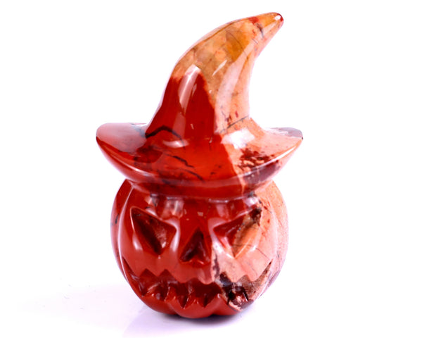 Natural Red Jasper Hand Carved Crystal Wizard Pumpkin Sculpture, Halloween Gift