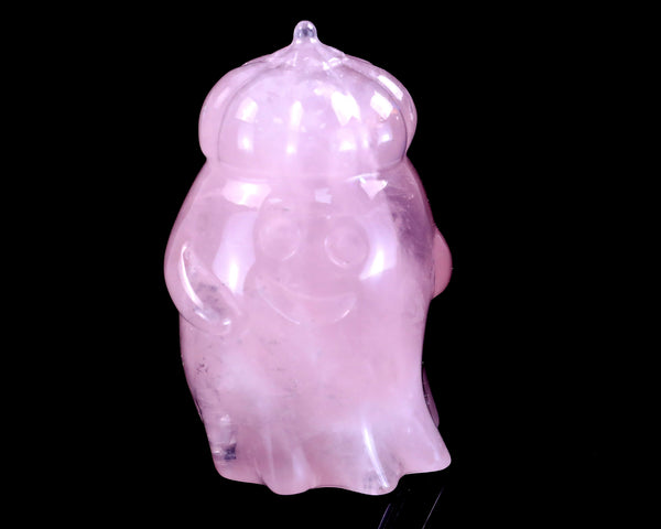 Natural Rose Quartz Hand Carved Crystal Pumpkin Ghost Sculpture, Halloween Gift